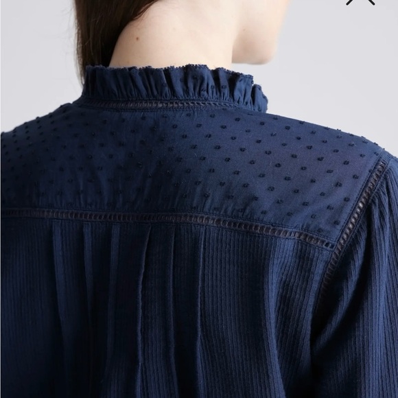 Quince Navy Textured Cotton Peasant Blouse - Picture 2 of 6